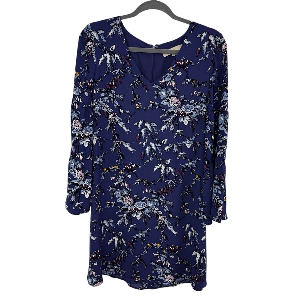 Loft Petites Purple Floral Ruffle Bell Sleeve Lined Dress Size 6P Long Sleeve